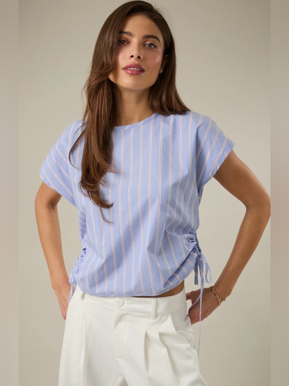 28. Striped Blue Side-Tie Women's Top